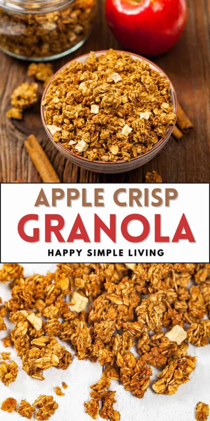 A bowl of homemade apple crisp granola, and close up detail of granola.