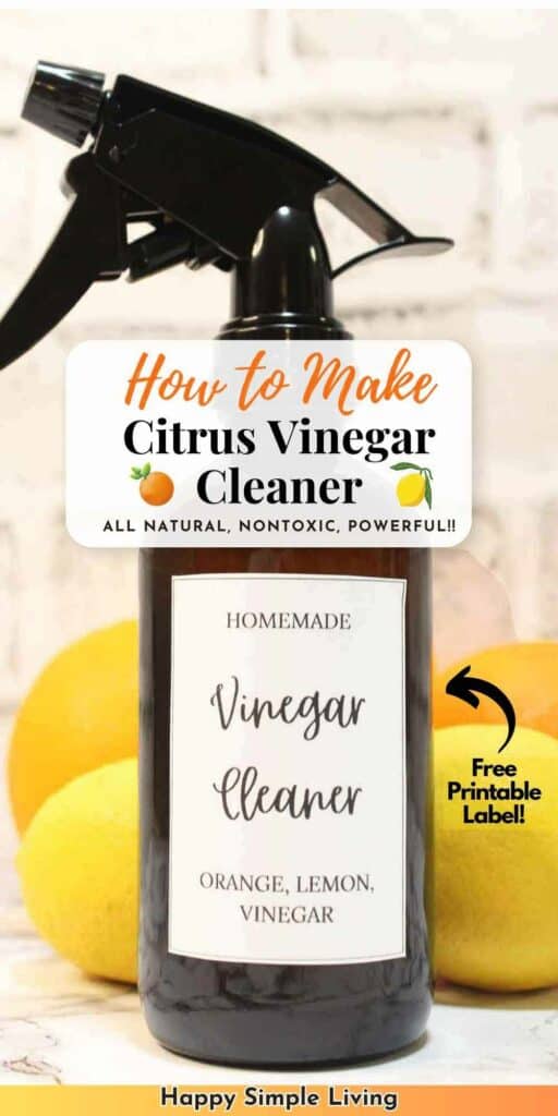 A spray bottle labeled Homemade Vinegar Cleaner surrounded by lemons and oranges. The overlay text reads How to Make Citrus Vinegar Cleaner with a note about a free printable label.