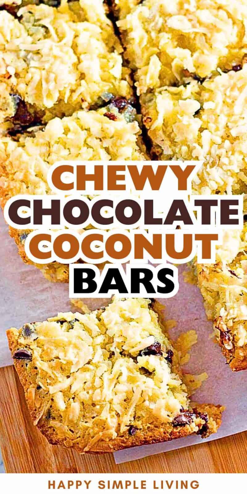 Chewy chocolate coconut bars cut in squares and ready to serve.