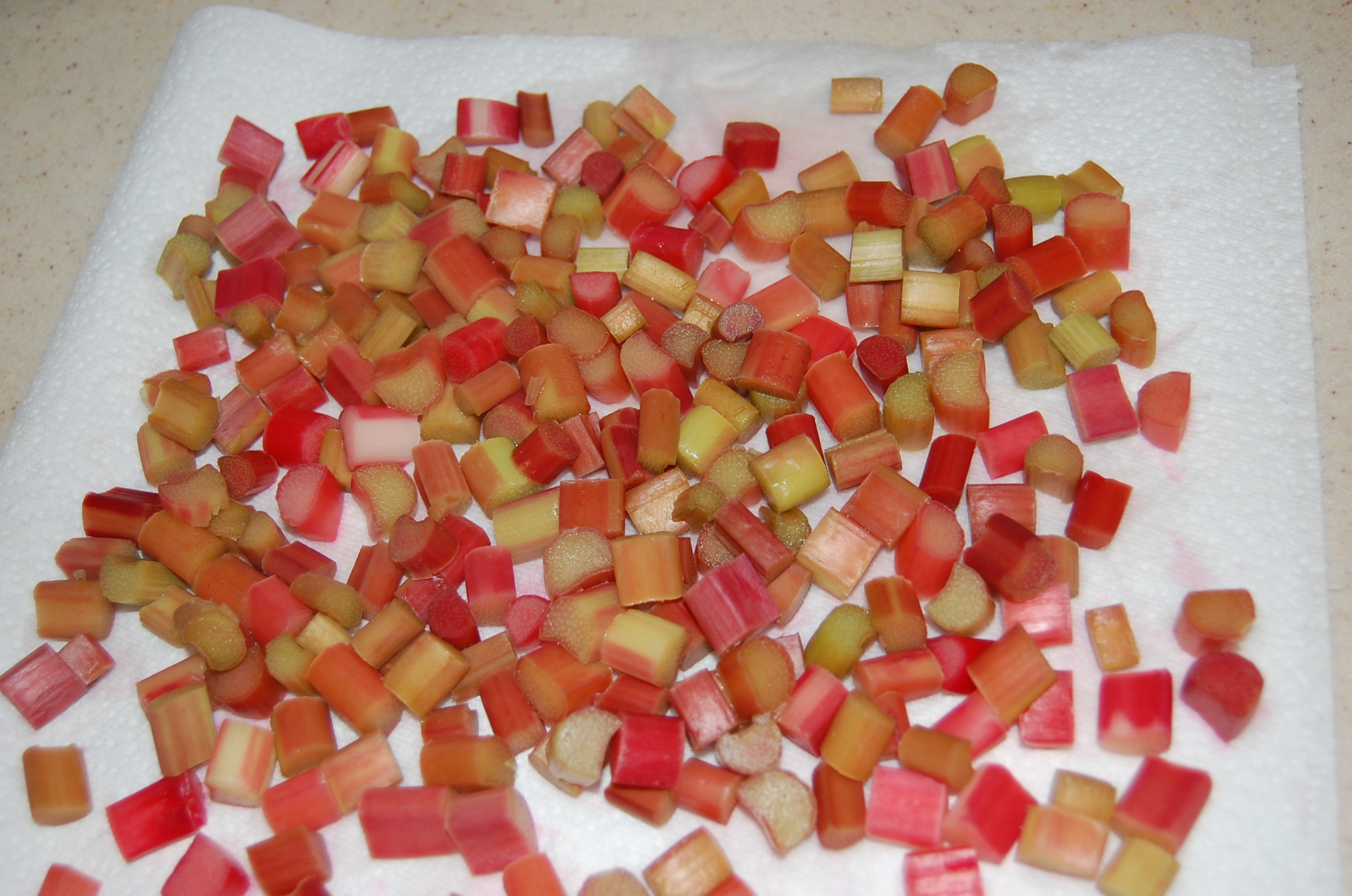 DSC_0009 Draining the blanched rhubarb on paper towels.