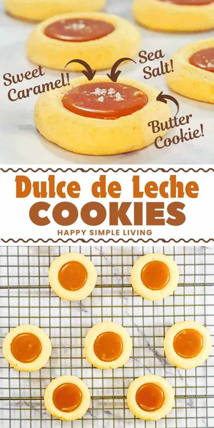 Close up of Dulce de Leche Cookies, and a cooling rack with caramel thumbprint cookies.
