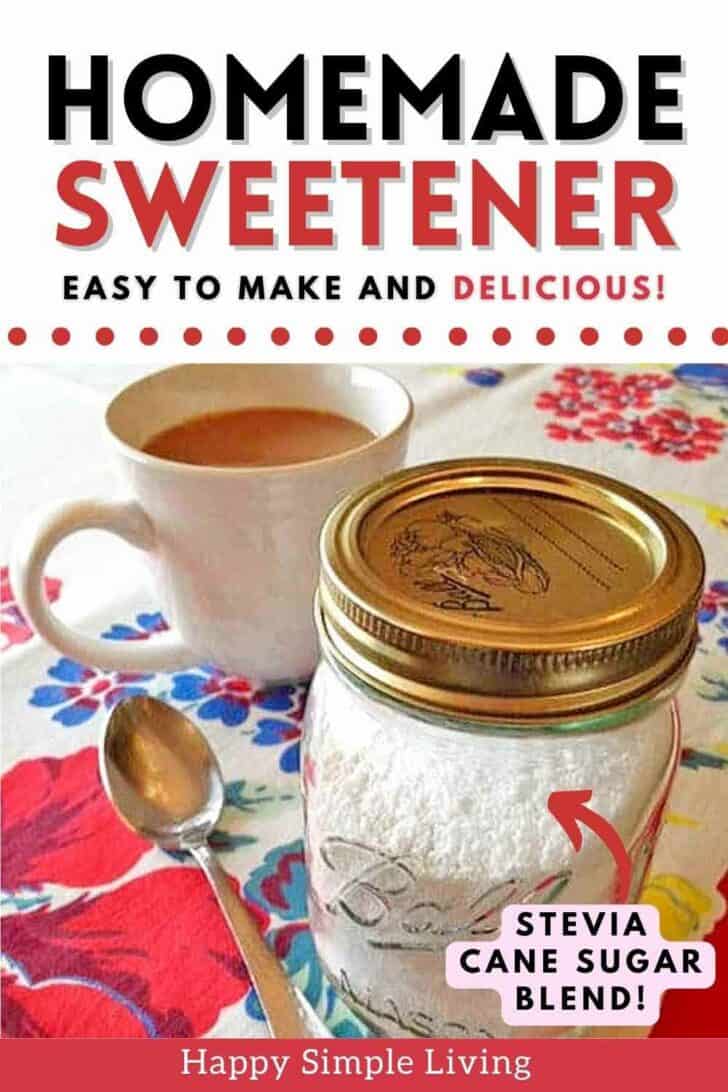A jar of homemade sweetener, a cup of coffee, and a teaspoon.