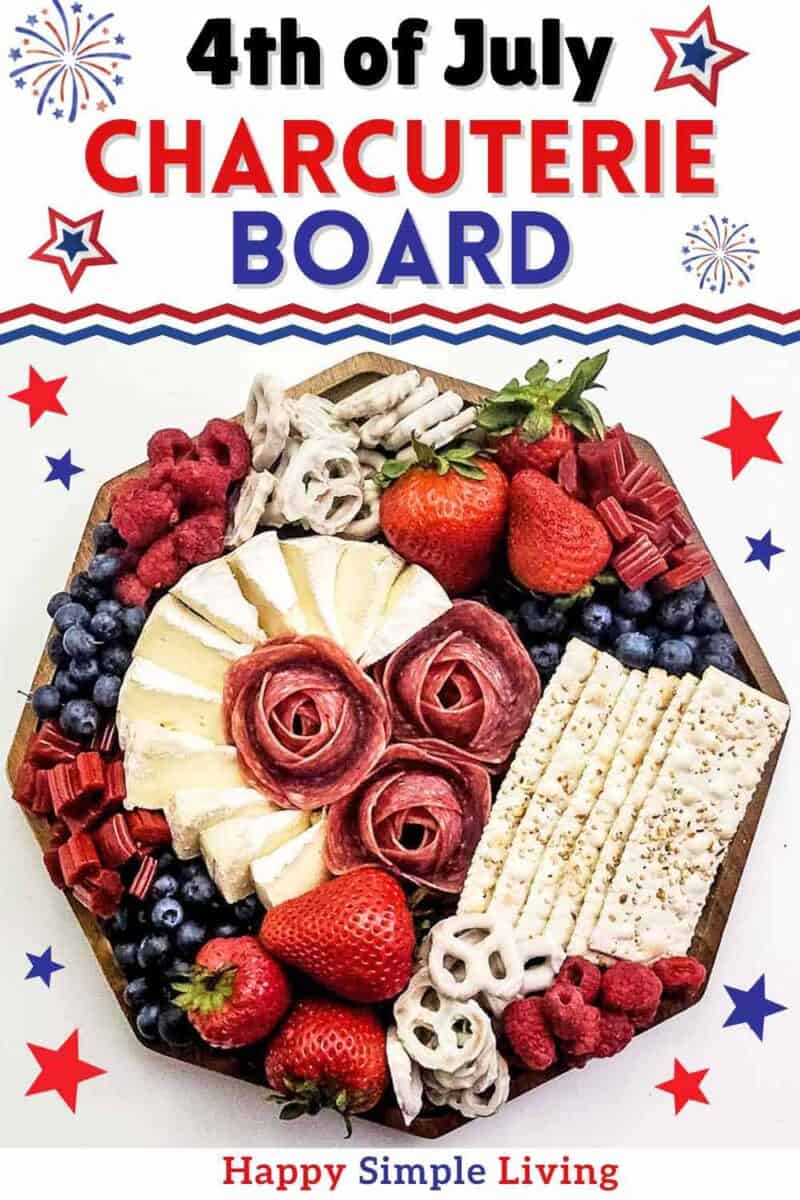 A 4th of July charcuterie board with red white and blue foods.