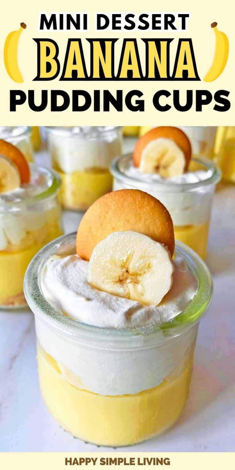 Five jars with mini banana pudding and text overlay: Mini Dessert Banana Pudding Cups.