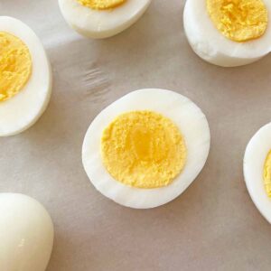 Six hard boiled eggs cut in half.