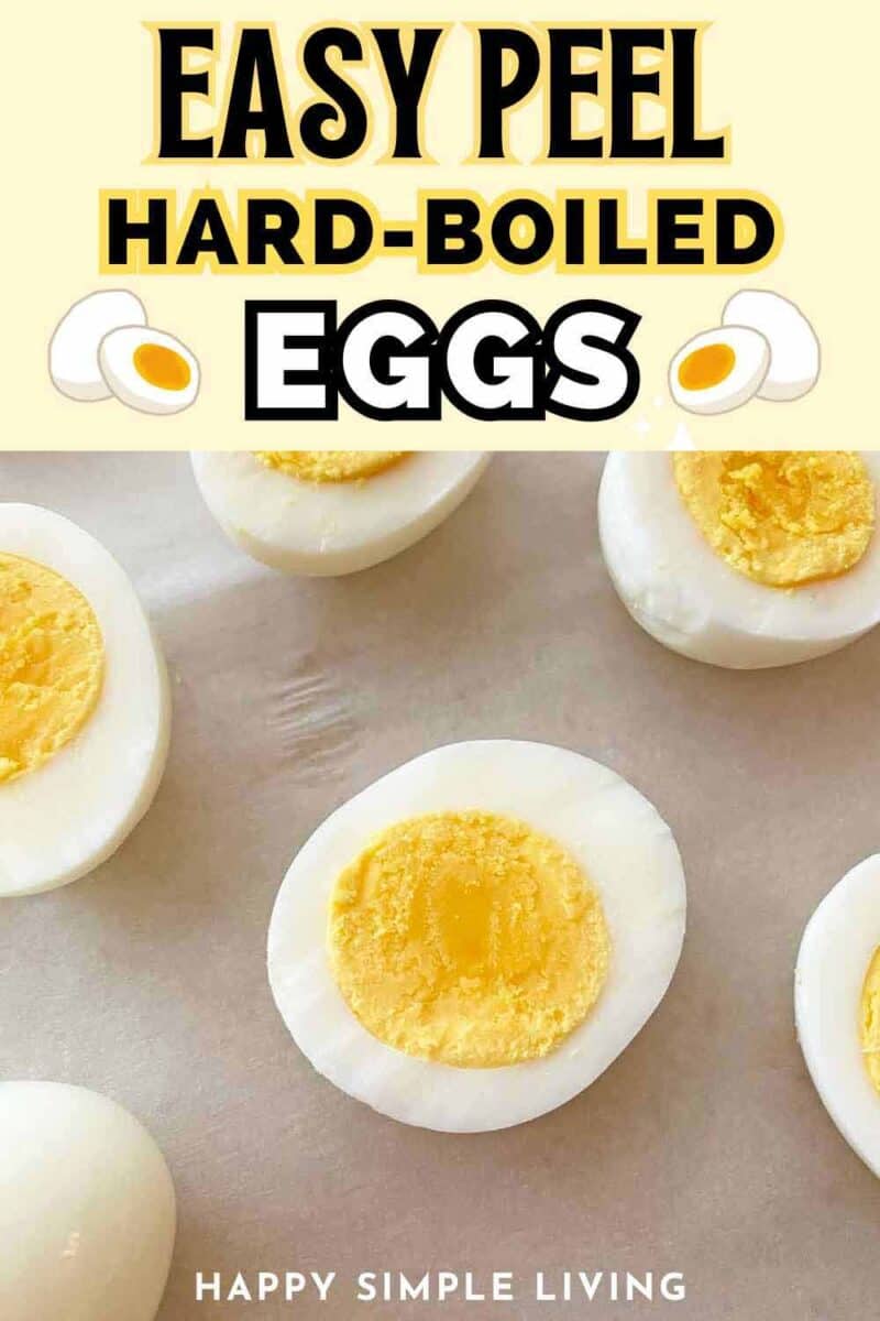 Six halves of fresh hard boiled eggs cut in half, with text overlay: Perfect hard-boiled eggs.