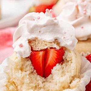 Close up of strawberry filled cupcakes.